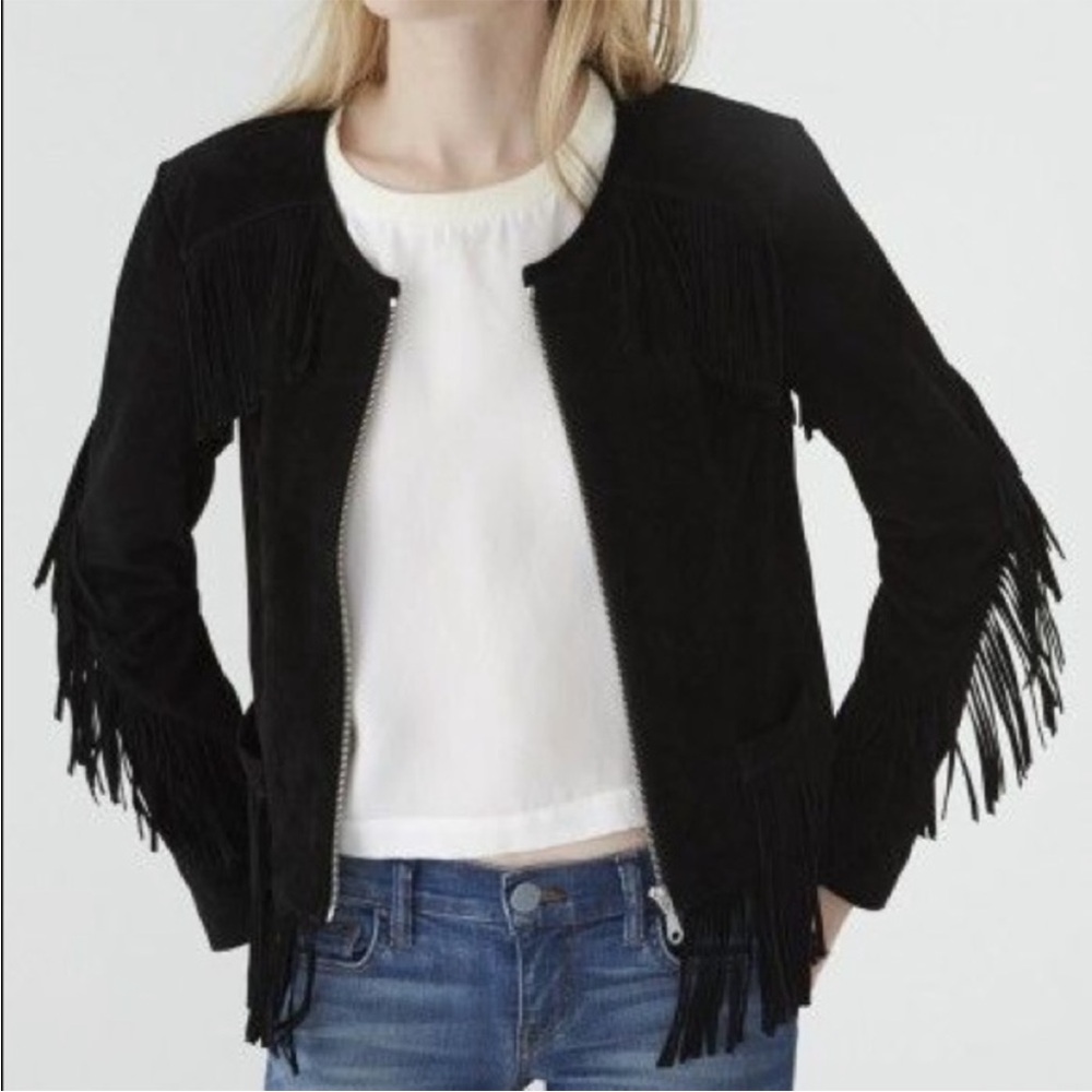 NWOT Rebecca Minkoff Suede Leather Black Fringe Bomber Jacket Sz L